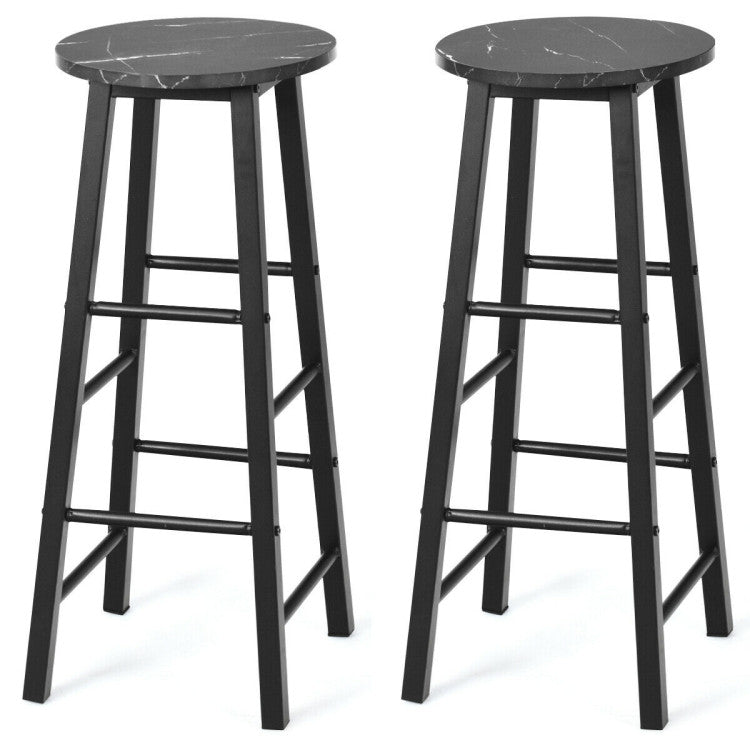 2 Pieces Industrial round Seat Faux Marble Bar Stool Set