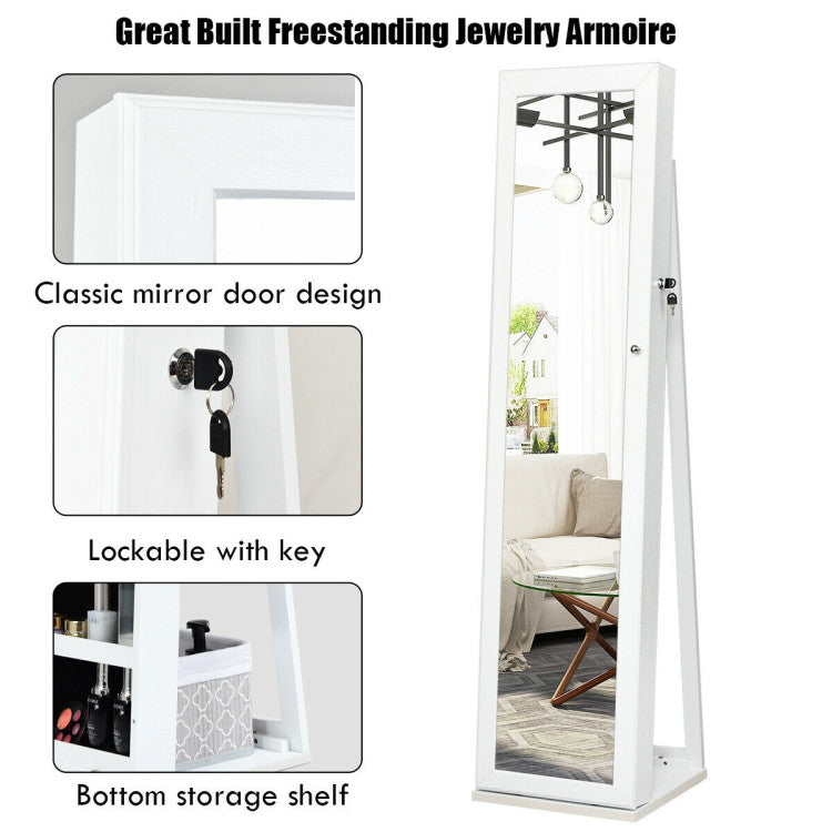 Standing Lockable Jewelry Storage Organizer with Full-Length Mirror