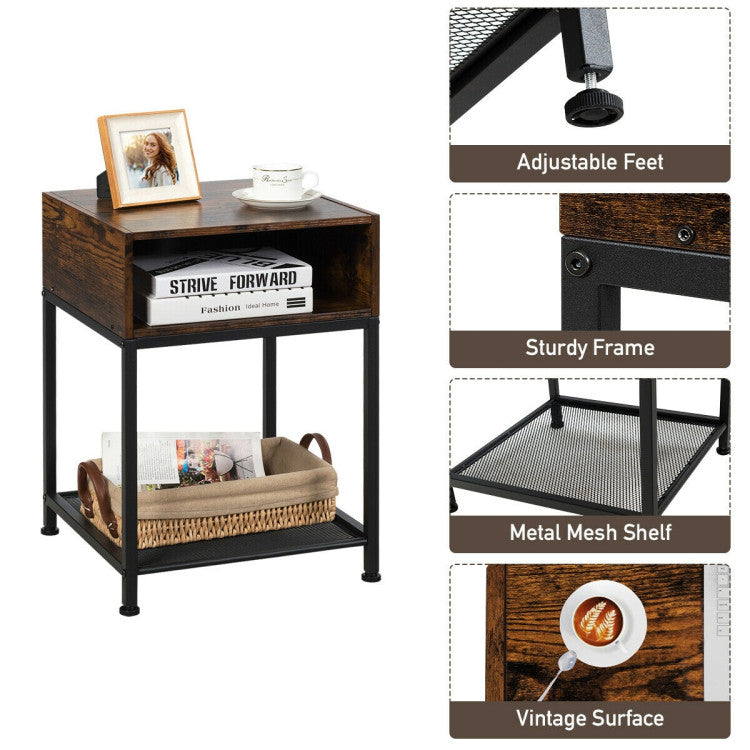 Industrial Nightstand End Side Table with Mesh Shelf