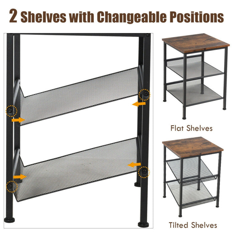 3-Tier Industrial End Table with Mesh Shelves and Adjustable Shelves