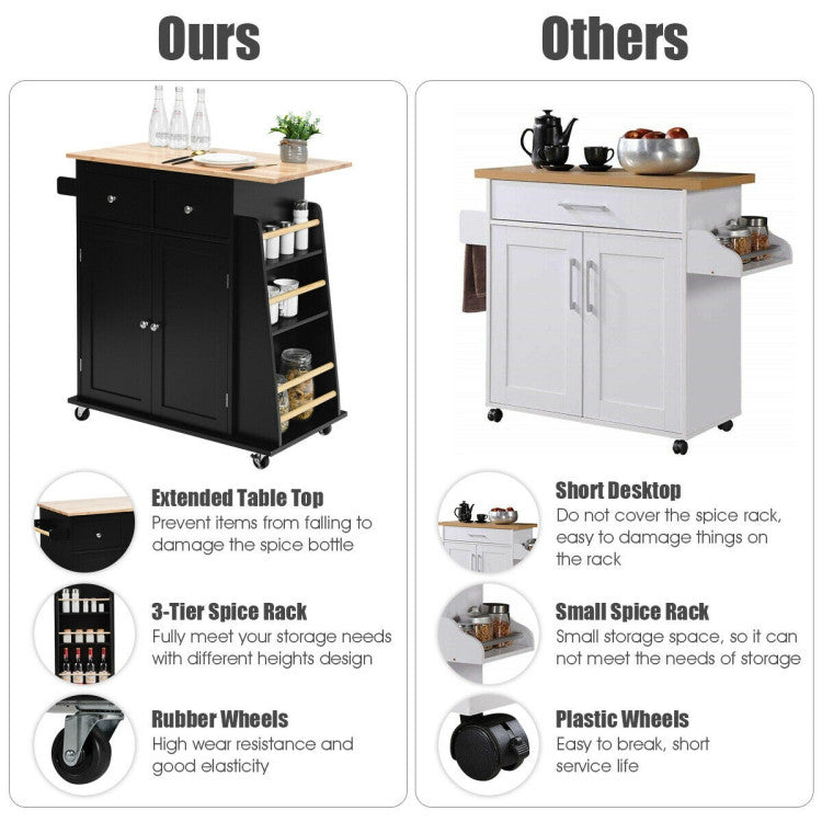 Rubber Wood Countertop Rolling Kitchen Island Cart