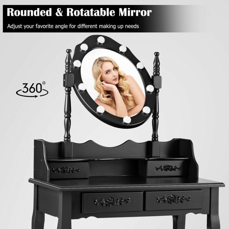 Makeup Vanity Dressing Table Set with Dimmable Bulbs Cushioned Stool