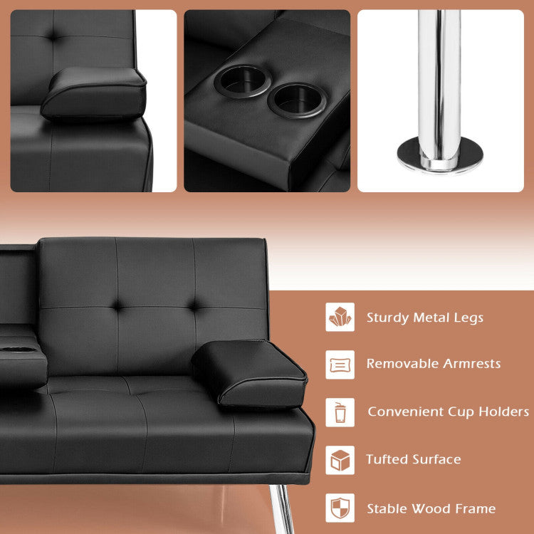 Convertible Folding Leather Futon Sofa with Cup Holders and Armrests