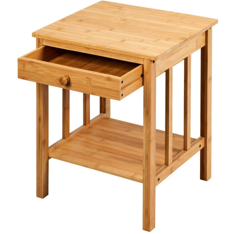 Multipurpose Bamboo End Table Nightstand with Drawer and Storage Shelf