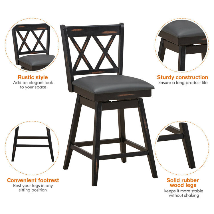 2 Pieces 24 Inch Swivel Counter Height Barstool Set with Rubber Wood Legs