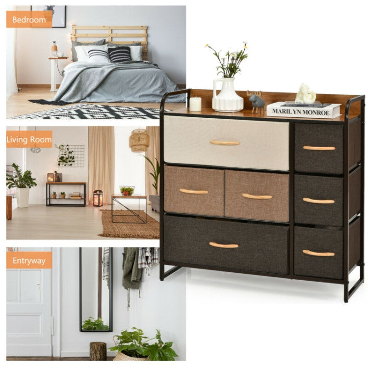 7 Drawer Tower Steel Frame and Wooden Top Dresser Storage Chest for Bedroom