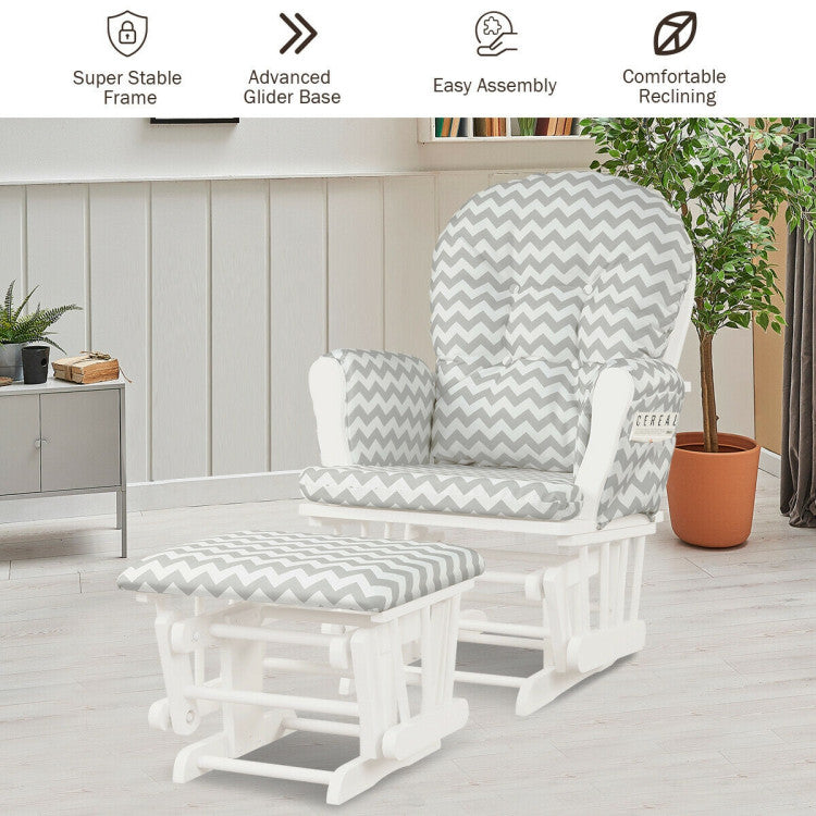 Wood Glider and Ottoman Set with Padded Armrests and Detachable Cushion