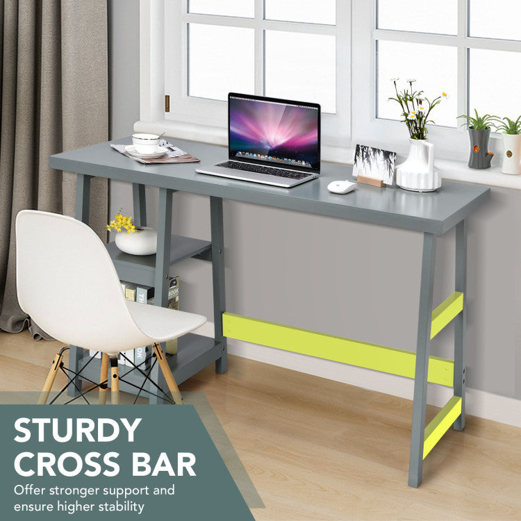 Wooden Trestle Computer Desk with 2-Tier Removable Shelves