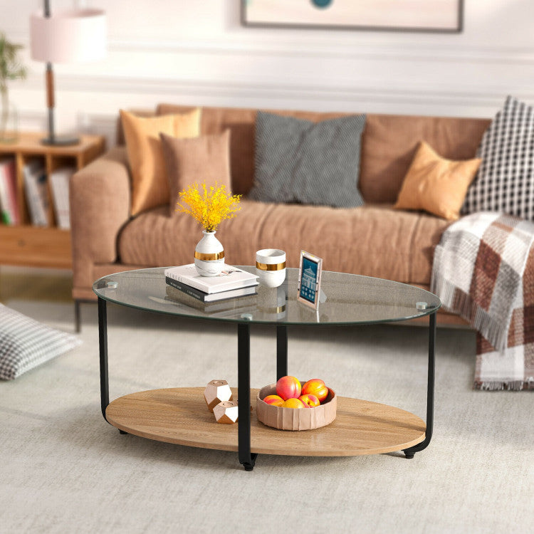 2-Tier Glass-Top Oval Coffee Table with Wooden Shelf for Living Room