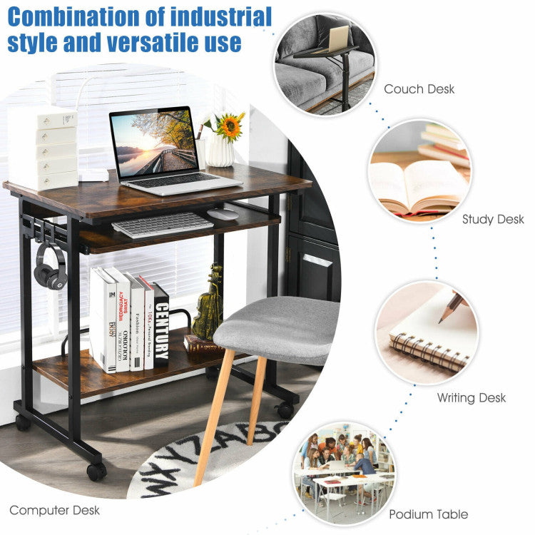 Rolling Computer Desk Cart with Keyboard Tray and CPU Stand