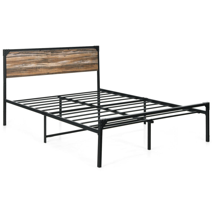 Metal Platform Bed Frame with Wooden Headboard