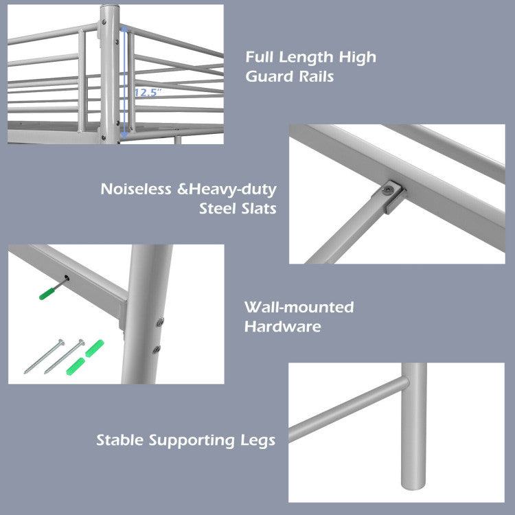 Twin Loft Bed Frame with 2 Ladders Full-Length Guardrail