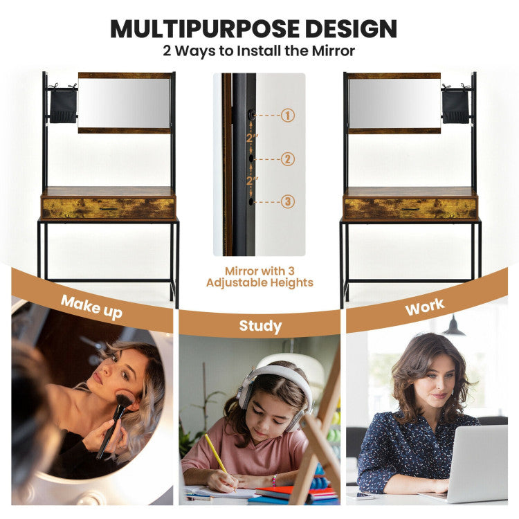 Industrial Vanity Table with 3-Position Adjustable Mirror