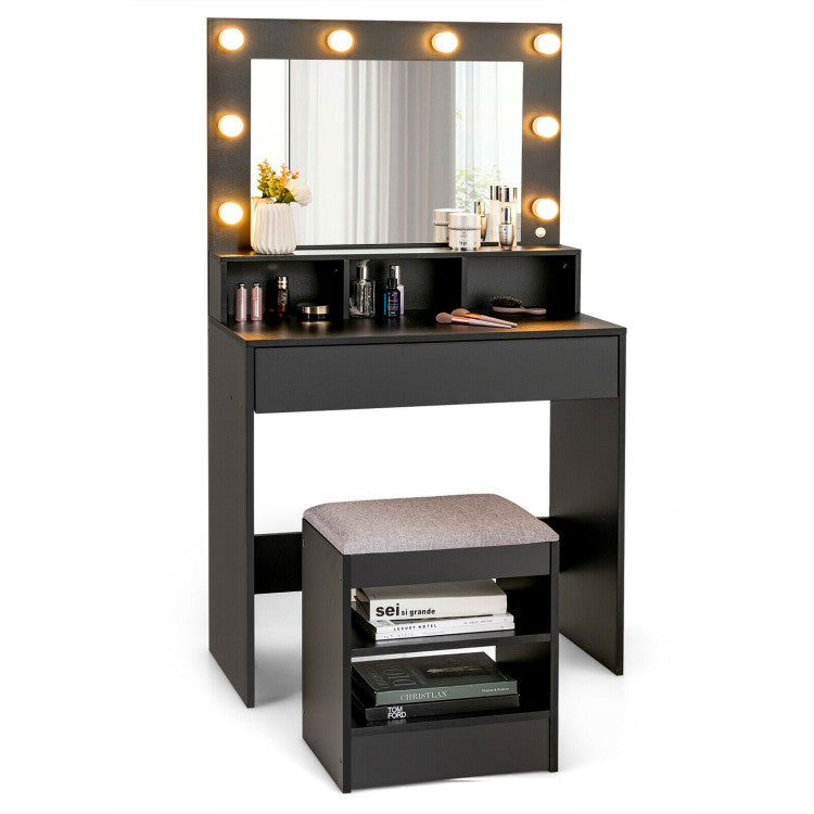 Vanity Table Set with Lighted Mirror and Cushioned Stool