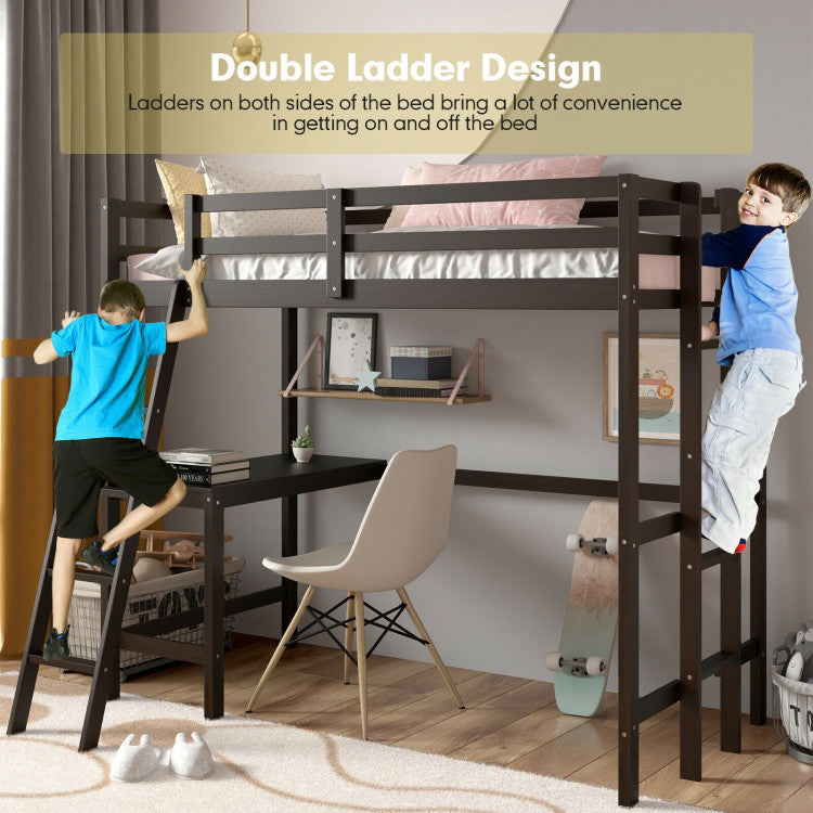 Twin Size Loft Bed Frame with Desk Angled and Built-In Ladder