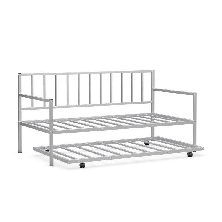 Twin Daybed Set with Metal Slat Support and Roll-Out Trundle