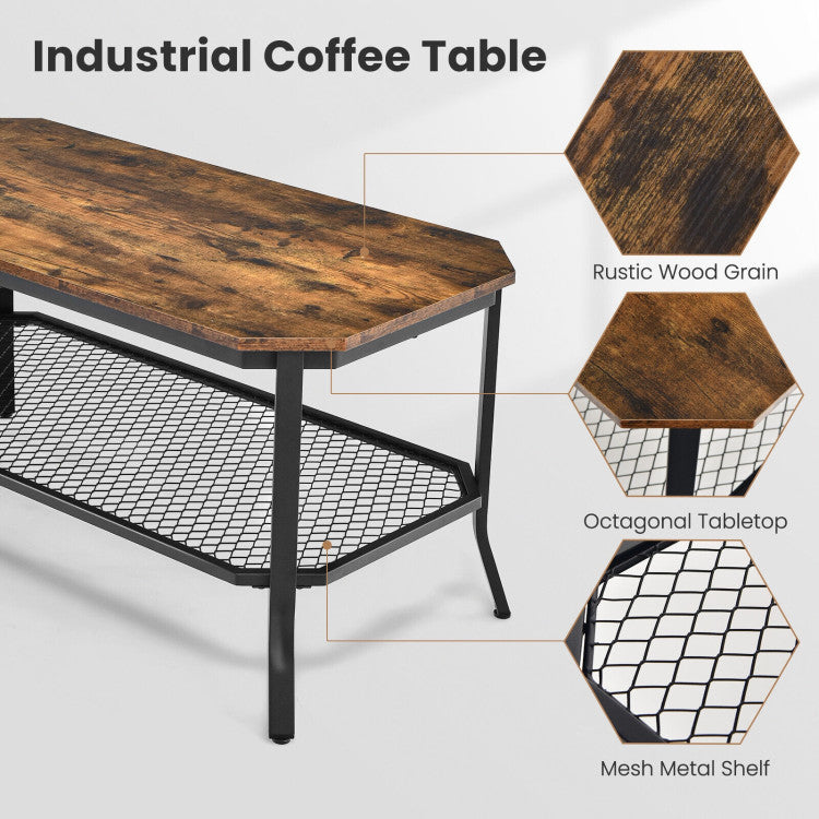 2-Tier Industrial Coffee Table with Open Mesh Storage Shelf for Living Room