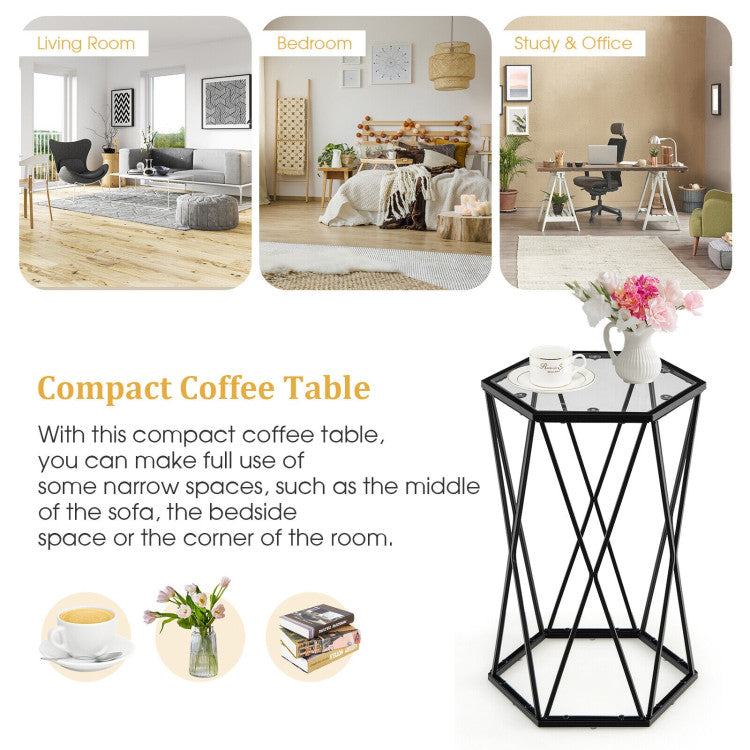 Hexagonal Accent End Table with Tempered Glass Top and Metal Frame