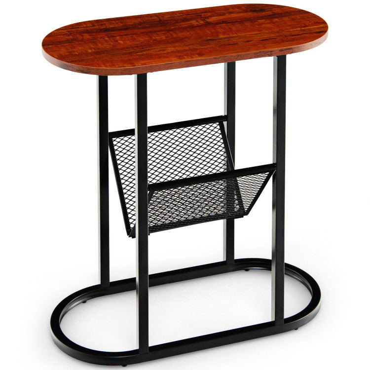 2-Tier Industrial Oval Side Table with Mesh Shelf