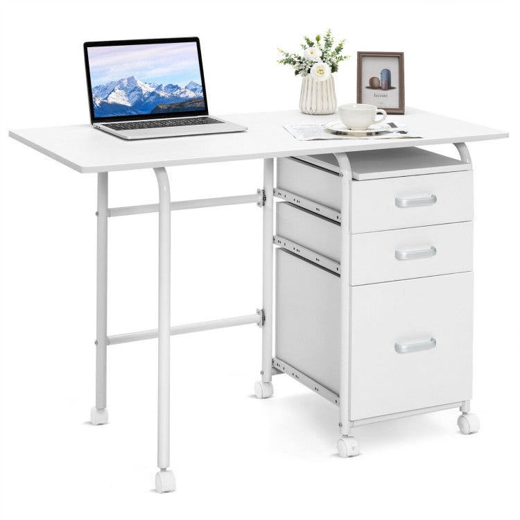 Home Office Folding Computer Laptop Desk Wheeled with 3 Drawers