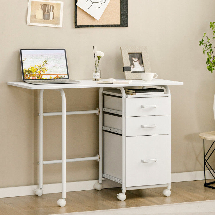 Home Office Folding Computer Laptop Desk Wheeled with 3 Drawers