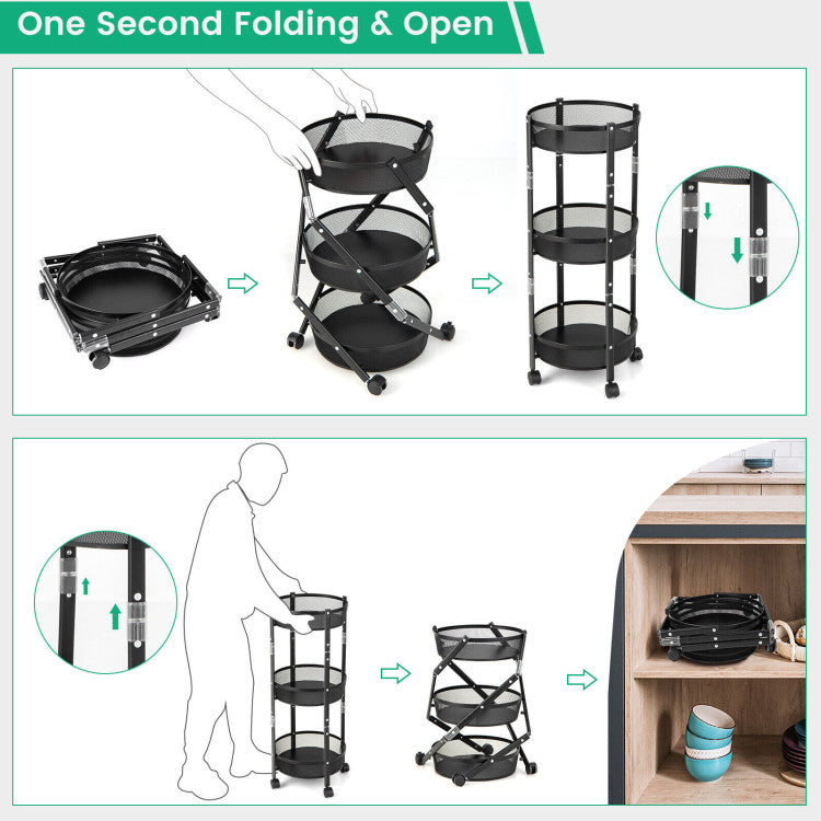 3-Tier Rotating 1-Second Folding Storage Rack Metal