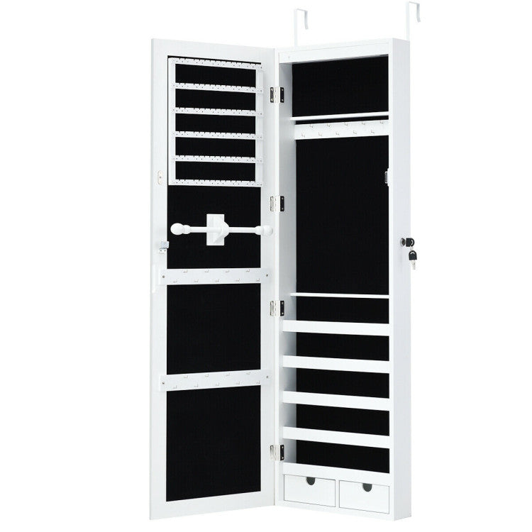 Door Mounted Lockable Mirrored Jewelry Cabinet with LED Lights