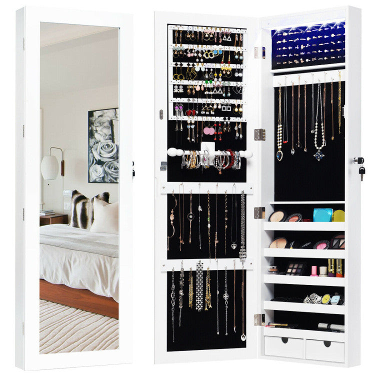 Door Mounted Lockable Mirrored Jewelry Cabinet with LED Lights