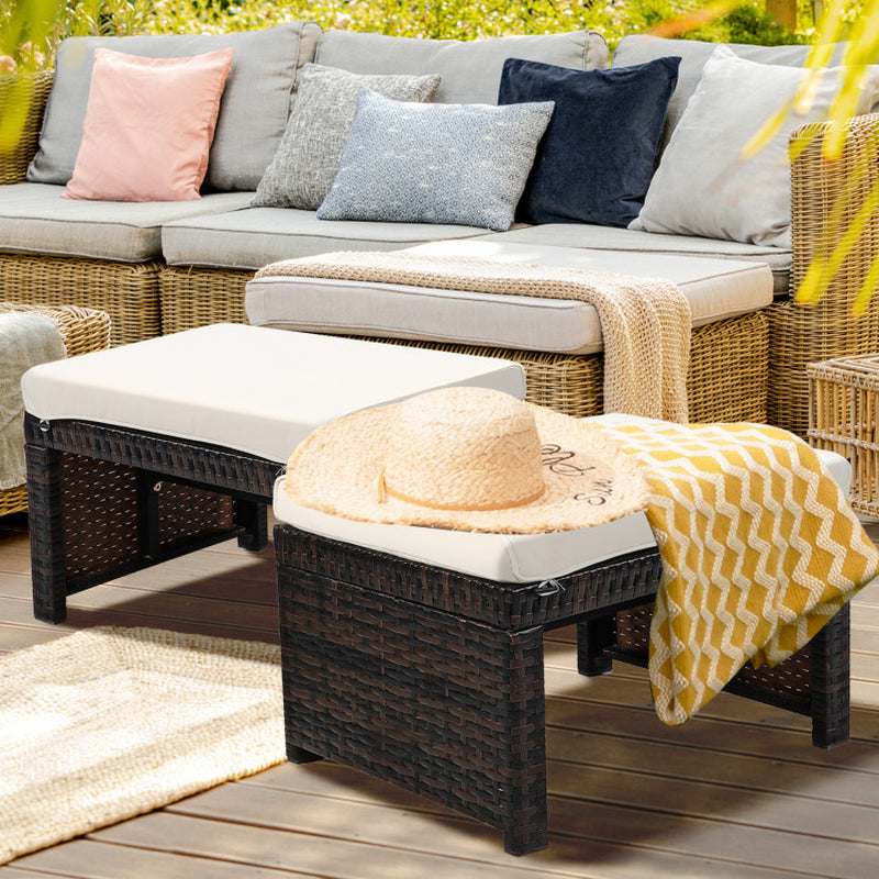 2 Pieces Patio Rattan Ottomans with Soft Cushion for Patio and Garden