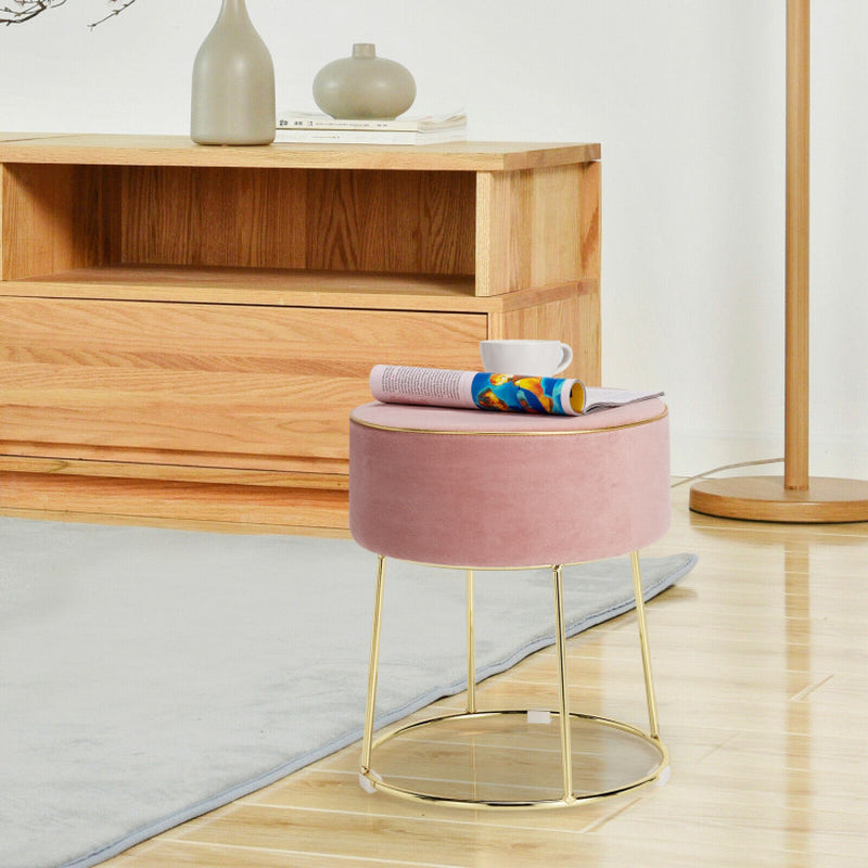 Round Velvet Footrest Stool Ottoman with Non-Slip Foot Pads for Bedside