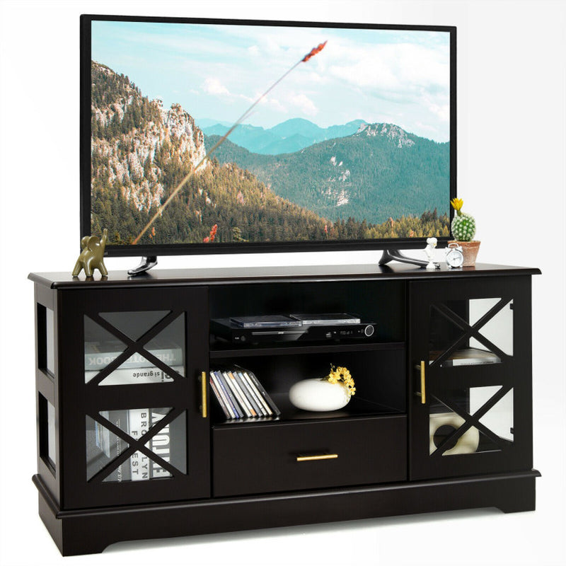 Wood TV Stand with 2 Glass Door Cabinets and 2-Tier Adjustable Shelves