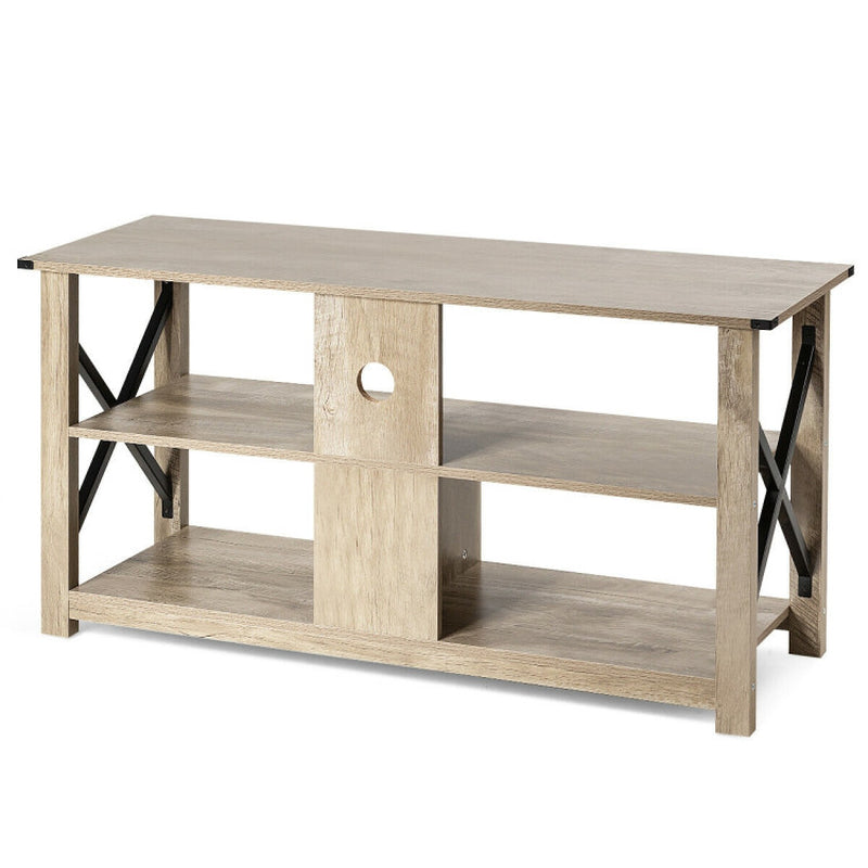 3 Tier Wood TV Stand for 55-Inch with Open Shelves and X-Shaped Frame