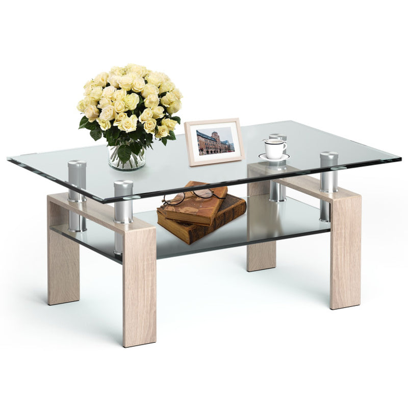 Rectangle Glass Coffee Table with Metal Legs for Living Room