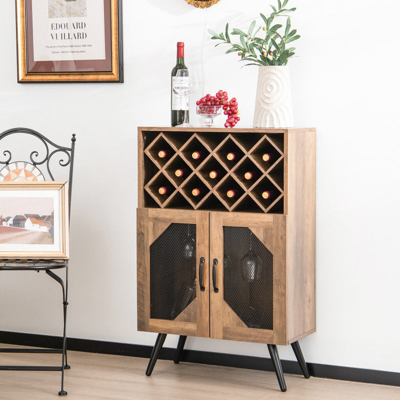 2-Door Farmhouse Kitchen Storage Bar Cabinet with Wine Rack and Glass Holder