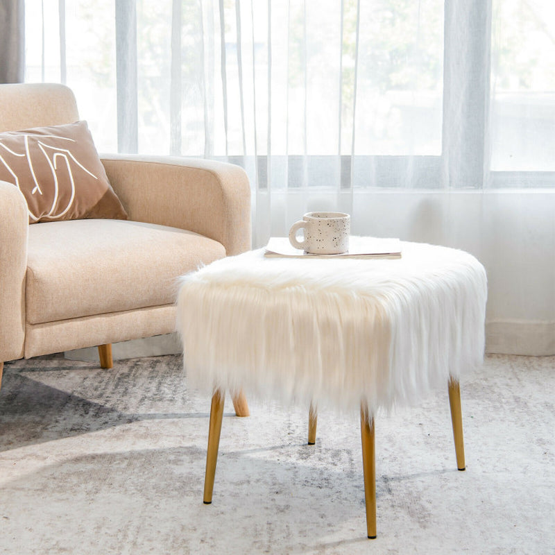 Faux Fur Vanity Stool with Golden Metal Legs for Makeup Room