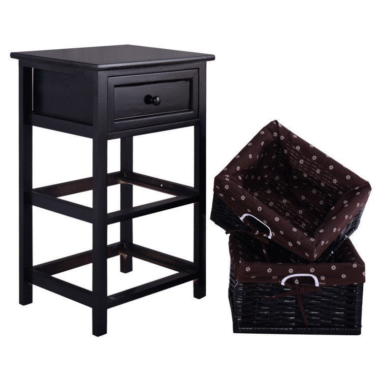 3 Tiers Wooden Storage Nightstand with 2 Baskets and 1 Drawer