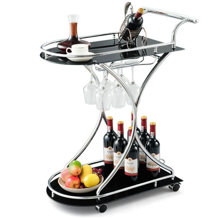 Glass Serving Cart with Metal Frame and 2 Tempered Glass Shelves