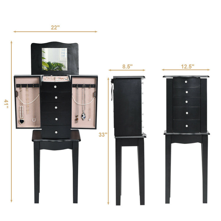 Wood Mirrored Jewelry Storage Chest Cabinet