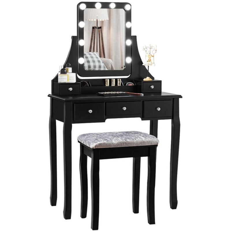 Vanity Dressing Table Set with 10 Dimmable Bulbs and Cushioned Stool