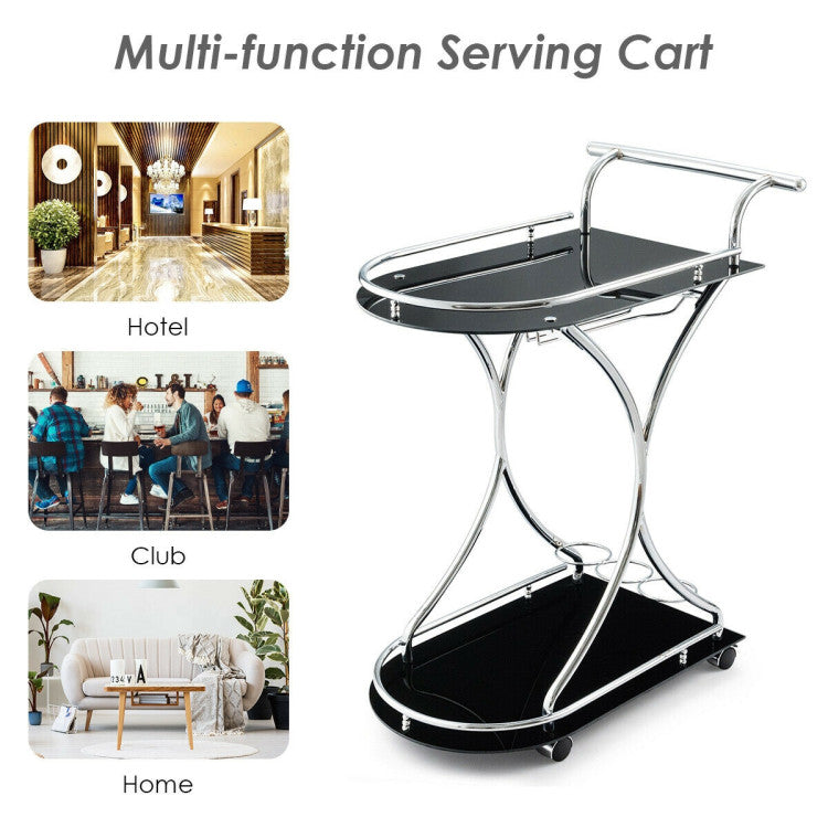 Glass Serving Cart with Metal Frame and 2 Tempered Glass Shelves