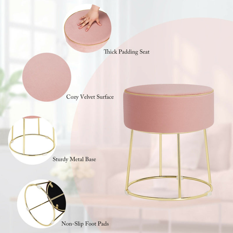 Round Velvet Footrest Stool Ottoman with Non-Slip Foot Pads for Bedside