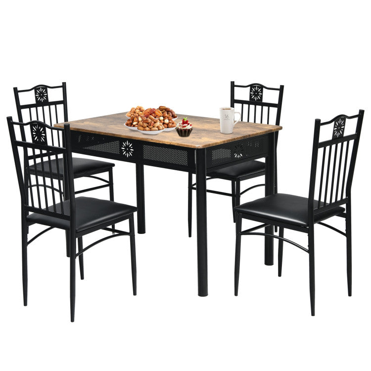 5 Pieces Dining Set Wood Metal Table and 4 Chairs with Cushions