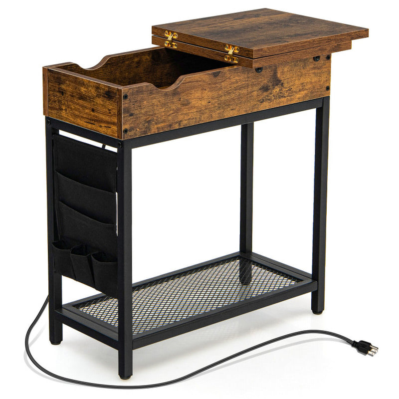 Industrial End Table with Charging Station and Flip Top