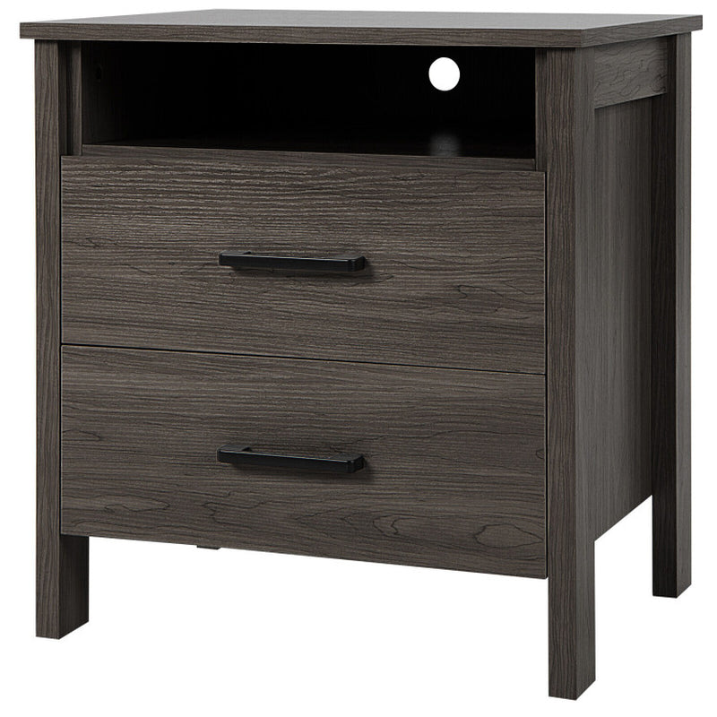 Modern Wood Grain Nightstand with Cable Hole and Open Compartment