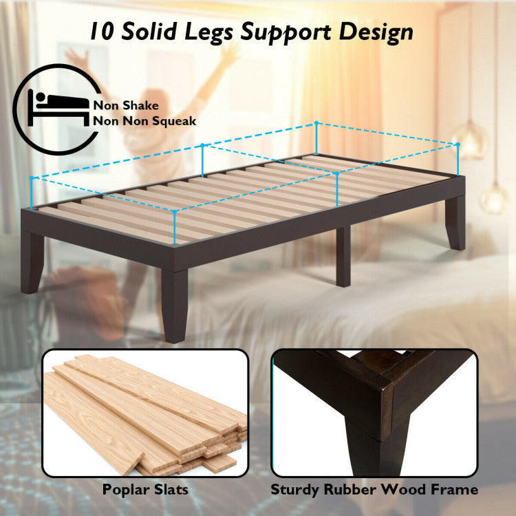 14 Inch Twin Size Rubber Wood Platform Bed Frame with Wood Slat Support