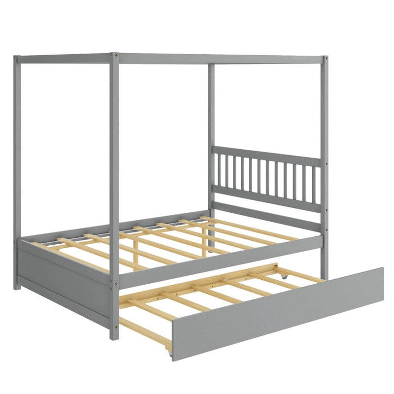 Full Size Canopy Bed Frame with Trundle and Headboard for Kids