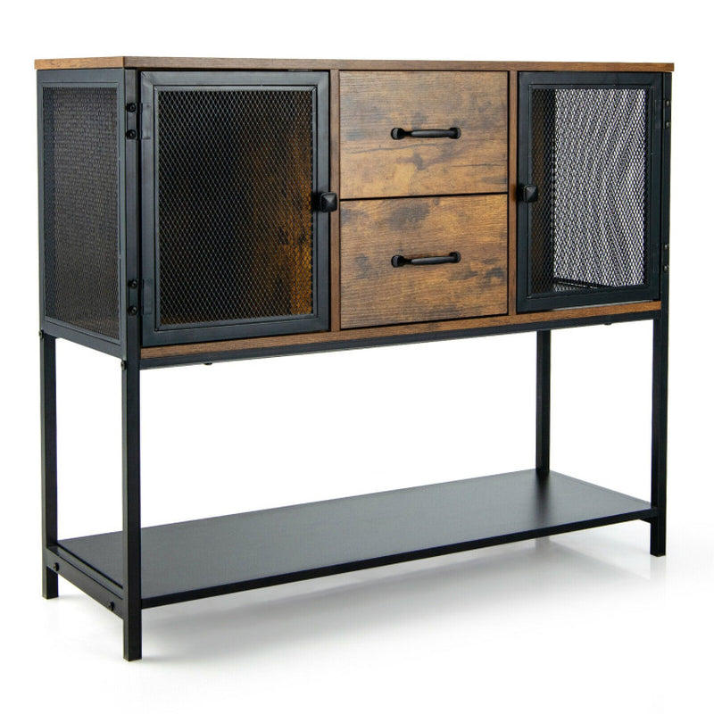 Industrial Buffet Sideboard Kitchen Cupboard with Metal Mesh Doors and 2 Drawers