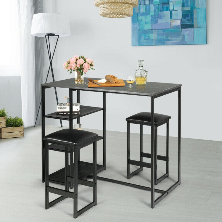 3 Pieces Dining Set with Rectangular Faux Marble and 3 Metal Storage Shelves