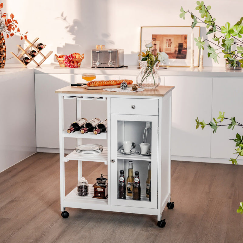 Rolling Trolley Cart with Drawer Glass Holder and Wine Rack for Kitchen