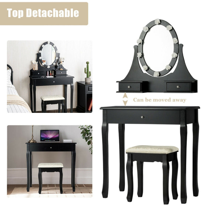 3 Drawers Lighted Mirror Vanity Dressing Table Stool Set